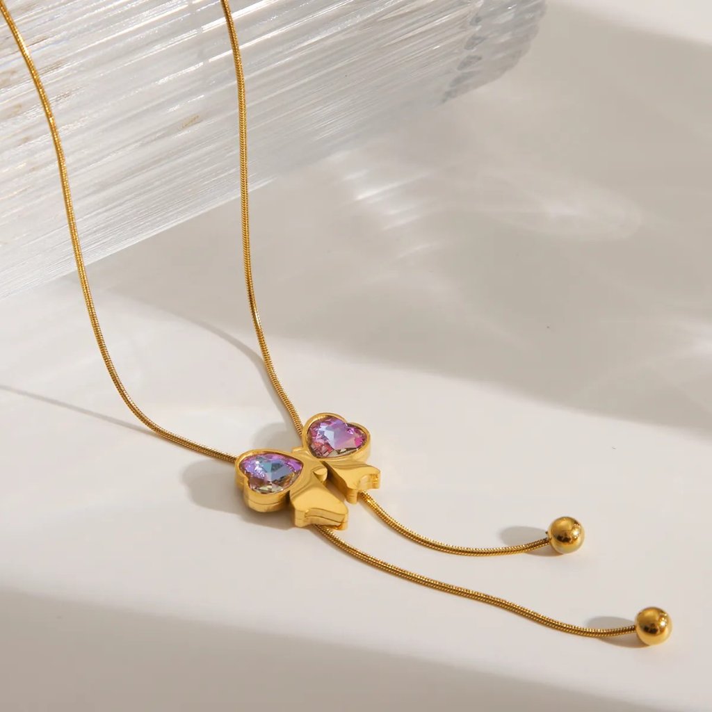 18k Gold-Plated Stainless Steel Bow Details Purple Cz Necklace